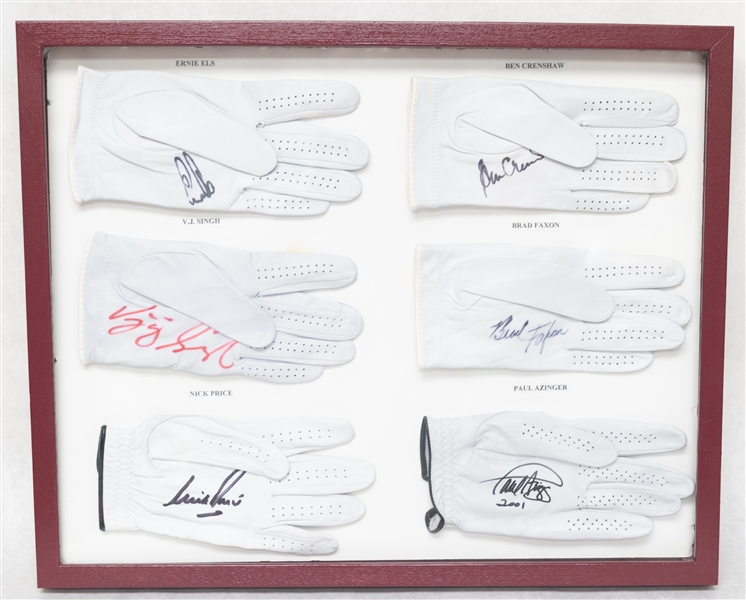 Six Player-Used Golf Gloves Signed by Ernie Els, VJ Singh, Nick Price, Brad Faxon, Paul Azinger, Ben Crenshaw (JSA Auction Letter)