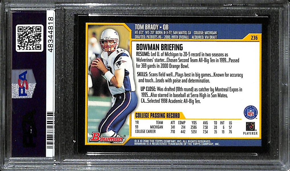 2000 Bowman Tom Brady Rookie Card #236 Graded PSA 10 GEM Mint