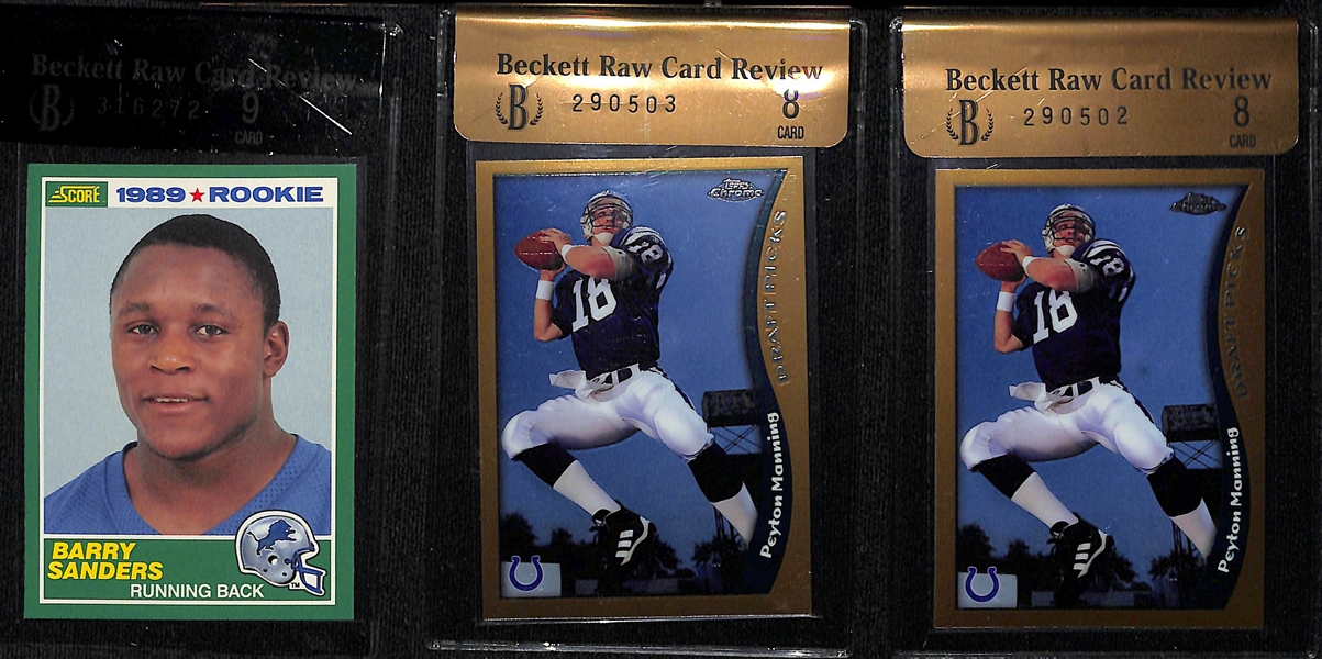 Beckett Raw Review Rookie Lot - 1989 Score Barry Sanders (BGS 9) & (2) 1998 Topps Chrome Peyton Manning (Both BGS 8)