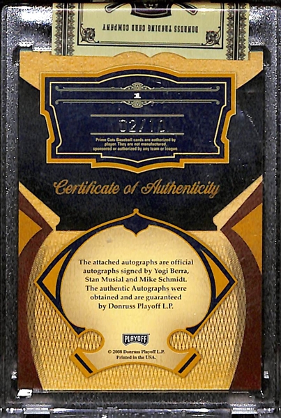 2008 Playoff Prime Cuts Triple HOFer Autographed Card - #2/10 - Yogi Berra, Mike Schmidt, Stan Musial