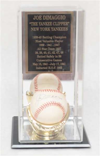 Joe DiMaggio Signed Baseball & Display (JSA Auction Letter)