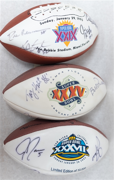 Lot of (3) Super Bowl Footballs w. a Total of (18) Signatures Including Namath, Hornung, Kelly and More