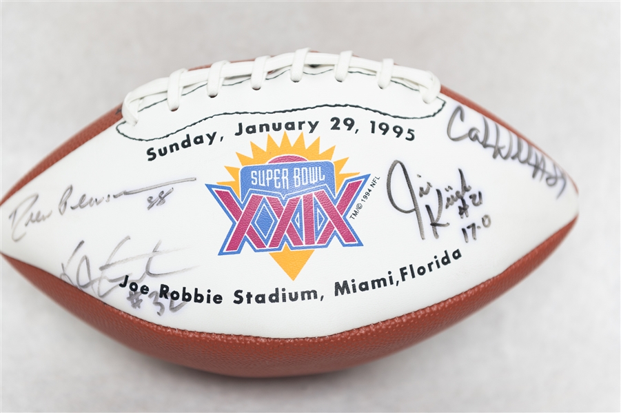 Lot of (3) Super Bowl Footballs w. a Total of (18) Signatures Including Namath, Hornung, Kelly and More