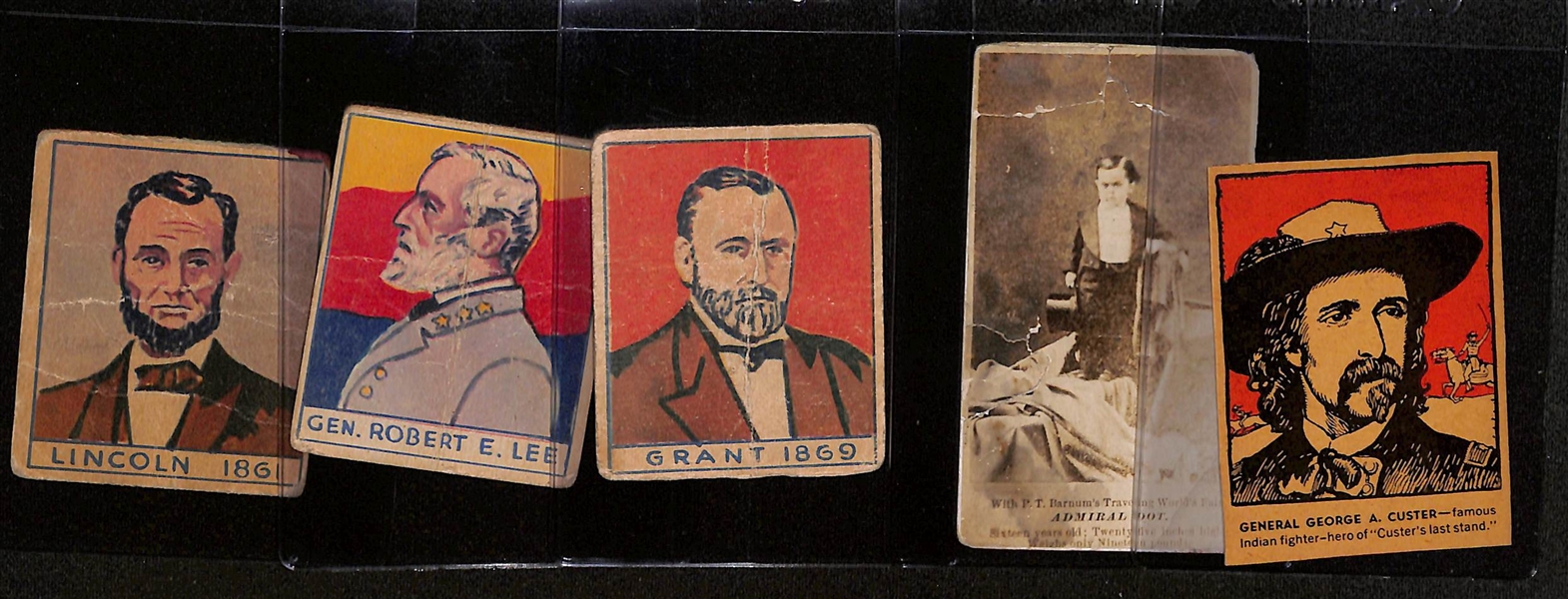 (3) 1930 American History R129  Cards (Lincoln, Lee, Grant), 1880s P.T. Barnum Sideshow Card, & 1930 Post Cereal General Custer