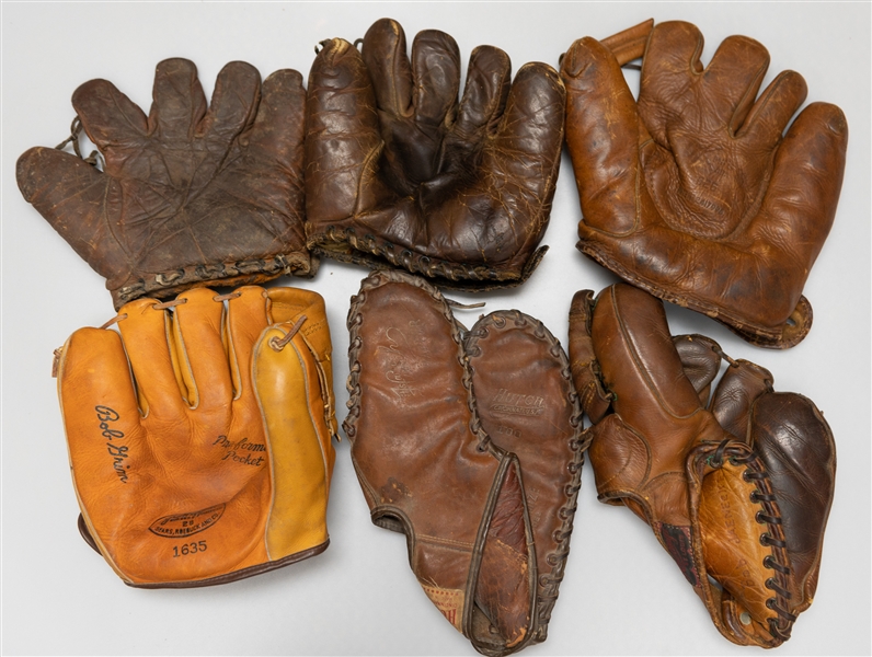 Lot of (6) Vintage Baseball Gloves Circa 1940s-60s w. Johnny Mize Hutch 100