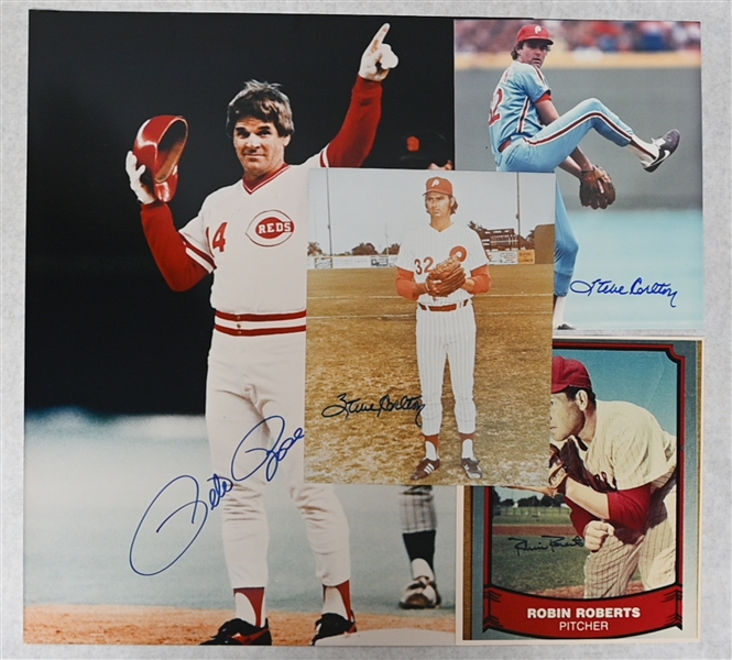 Lot of (4) Signed Baseball Photos - Pete Rose 16x20 and (3) 8x10s (2 Steve Carlton & Robin Roberts) - JSA Auction Letter