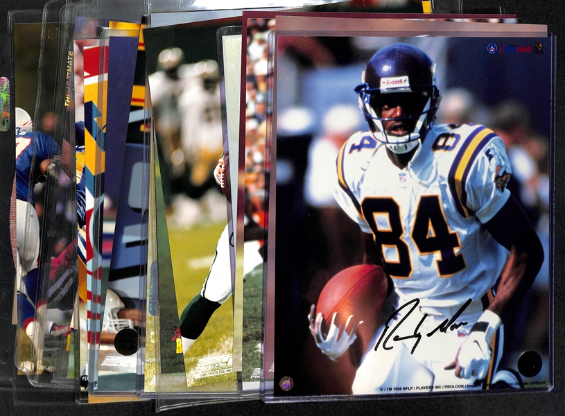 Lot of (17) Signed Football 8x10s w. Randy Moss, Biletnikoff, (2) D. Lamonica, D. Casper, Marvin Harrison, Tiki Barber, + (JSA Auction Letter)