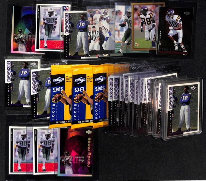 Lot of (30+) 1998 Randy Moss Rookie Cards + 5 Unopened 1998 Score Unopened Packs w. Moss On Top