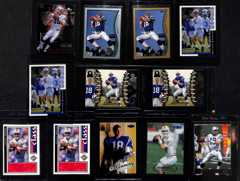 Lot of (12) 1998 Peyton Manning Rookies w. Topps Season Opener, Topps Draft Picks, UD Black Diamond #d /2500