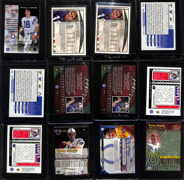 Lot of (12) 1998 Peyton Manning Rookies w. Topps Season Opener, Topps Draft Picks, UD Black Diamond #d /2500