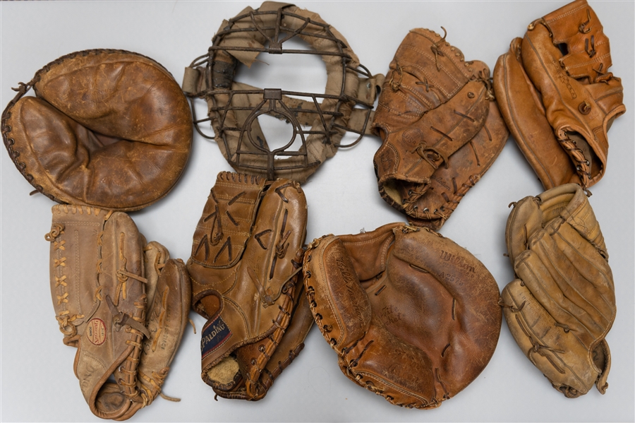 Vintage Baseball Memorabilia Lot w.(7) Gloves, Catchers Mask, Spalding Babe Ruth Model Glove