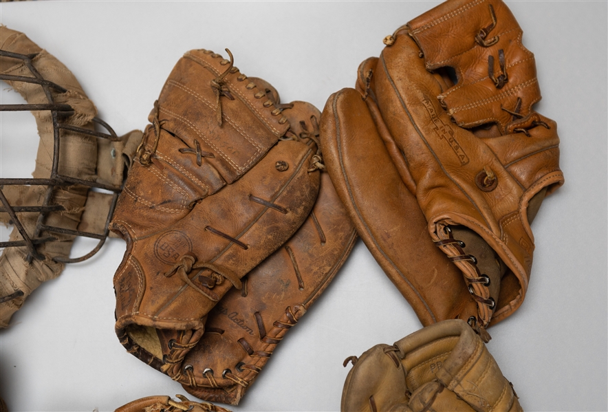 Vintage Baseball Memorabilia Lot w.(7) Gloves, Catchers Mask, Spalding Babe Ruth Model Glove