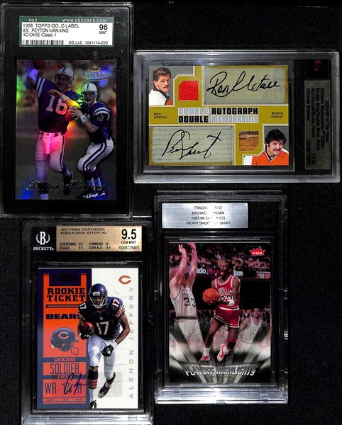 Lot of (13) Mixed Sports Graded Lot w. 1998 Topps Gold Label Peyton Manning SGC 96 and 2005-06 In The Game Duel Auto Memorabilia Hextall/Parent
