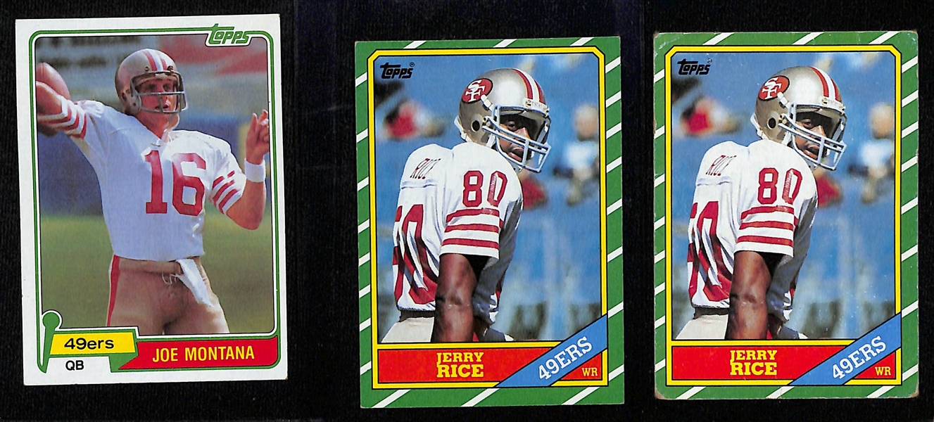 1981 Topps Joe Montana Rookie Card and (2) Jerry Rice 1986 Rookie Cards