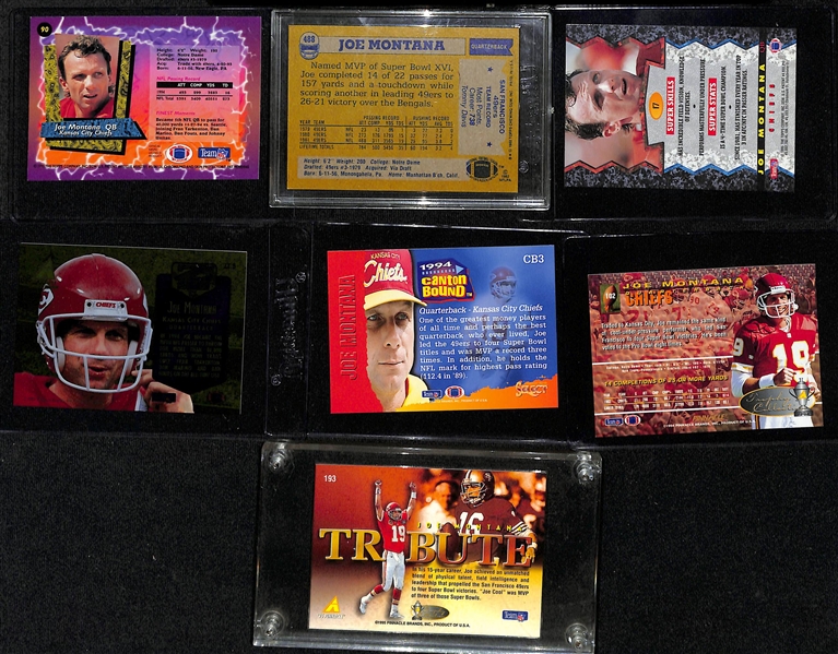 Lot of (18) Joe Montana Football Cards w. Mostly Inserts Including 1995 Topps Finest Refractor and 1982 Topps 2nd Year Card