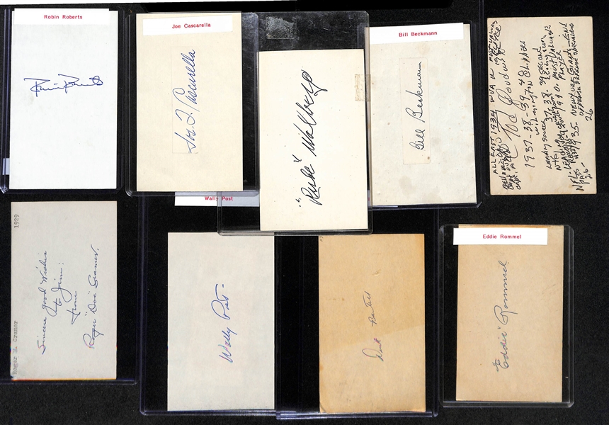 Lot of (20) Early Baseball Autographed Index and Post Cards w. Robin Roberts, Joe Cascarella, Rube Walberg, and Others