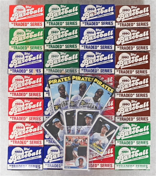 Huge Lot of (28) Topps Traded Sets from 1981-1991 w. Ken Griffey Jr. and Barry Bonds Rookies, and more