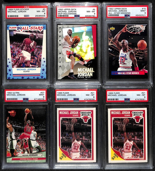 Lot of (6) Michael Jordan PSA Graded Cards w. 1989 Fleer Sticker # 3 PSA 8