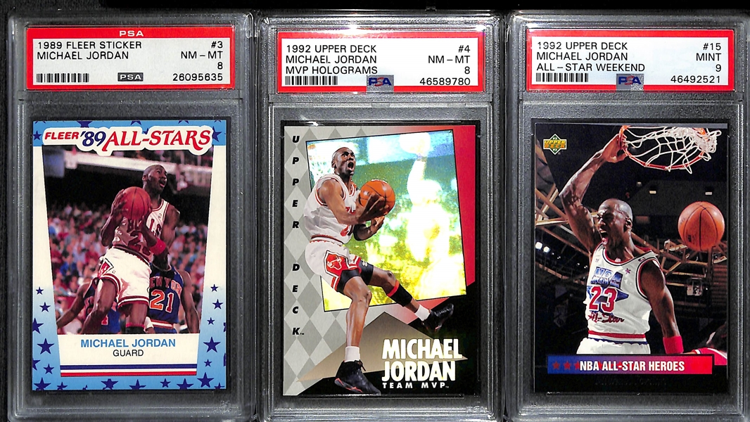 Lot of (6) Michael Jordan PSA Graded Cards w. 1989 Fleer Sticker # 3 PSA 8