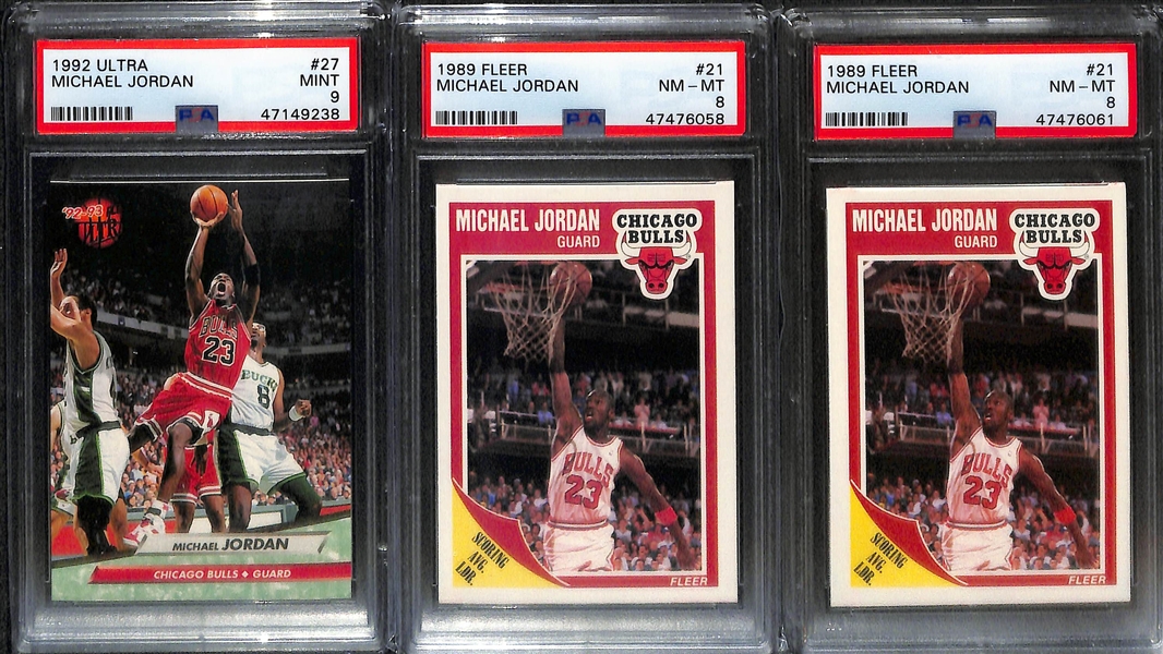 Lot of (6) Michael Jordan PSA Graded Cards w. 1989 Fleer Sticker # 3 PSA 8