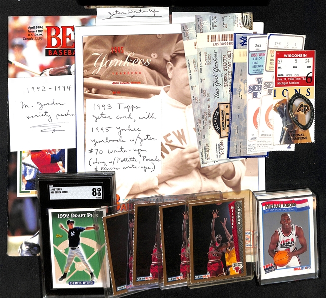 Mixed Sports Lot w. Michael Jordan, Derek Jeter Topps SGC 8 RC, and Tom Brady Michigan College Gameday Ticket!