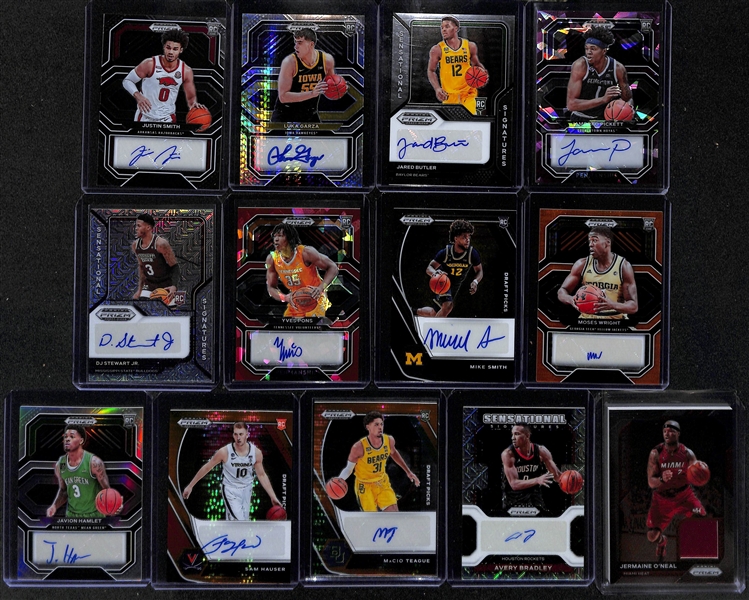 Lot of (13) 2021 Prizm Draft Picks and Prizm Basketball Mostly Autographs w. Justin Smith, Luke Garza, Jared Butler and Others