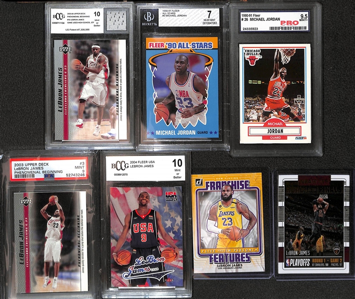 Lot of (7) Mostly Graded LeBron James and Michael Jordan Cards w 2003-04 UD Phenomenal Beginning w. Game Used Jersey BCCG 10