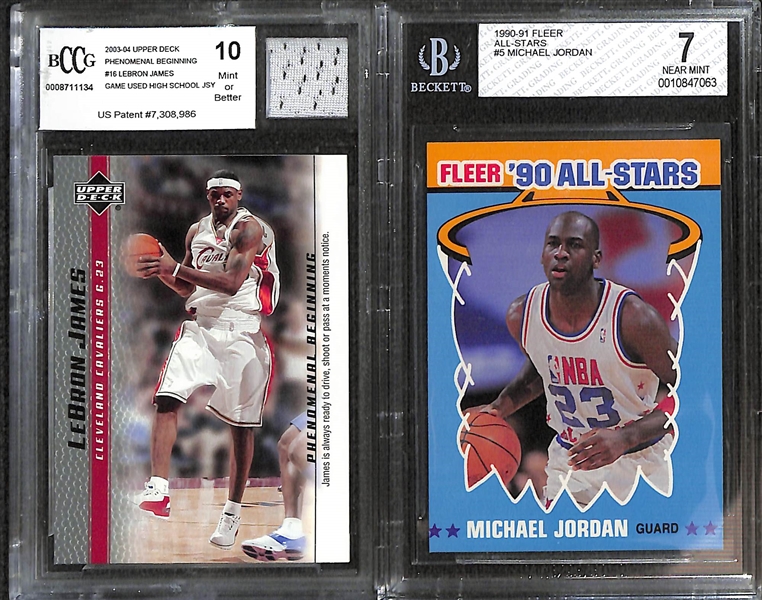 Lot of (7) Mostly Graded LeBron James and Michael Jordan Cards w 2003-04 UD Phenomenal Beginning w. Game Used Jersey BCCG 10