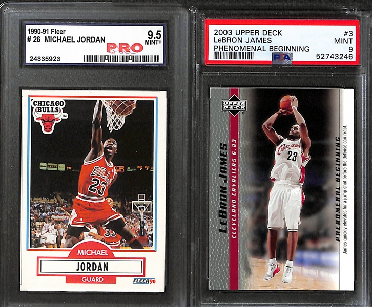 Lot of (7) Mostly Graded LeBron James and Michael Jordan Cards w 2003-04 UD Phenomenal Beginning w. Game Used Jersey BCCG 10