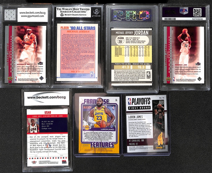 Lot of (7) Mostly Graded LeBron James and Michael Jordan Cards w 2003-04 UD Phenomenal Beginning w. Game Used Jersey BCCG 10