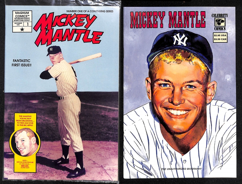 Lot of (2) Life Magazines w. Mantle & Maris Post Cereal Advertisement Card & (2) Mickey Mantle Comic Books