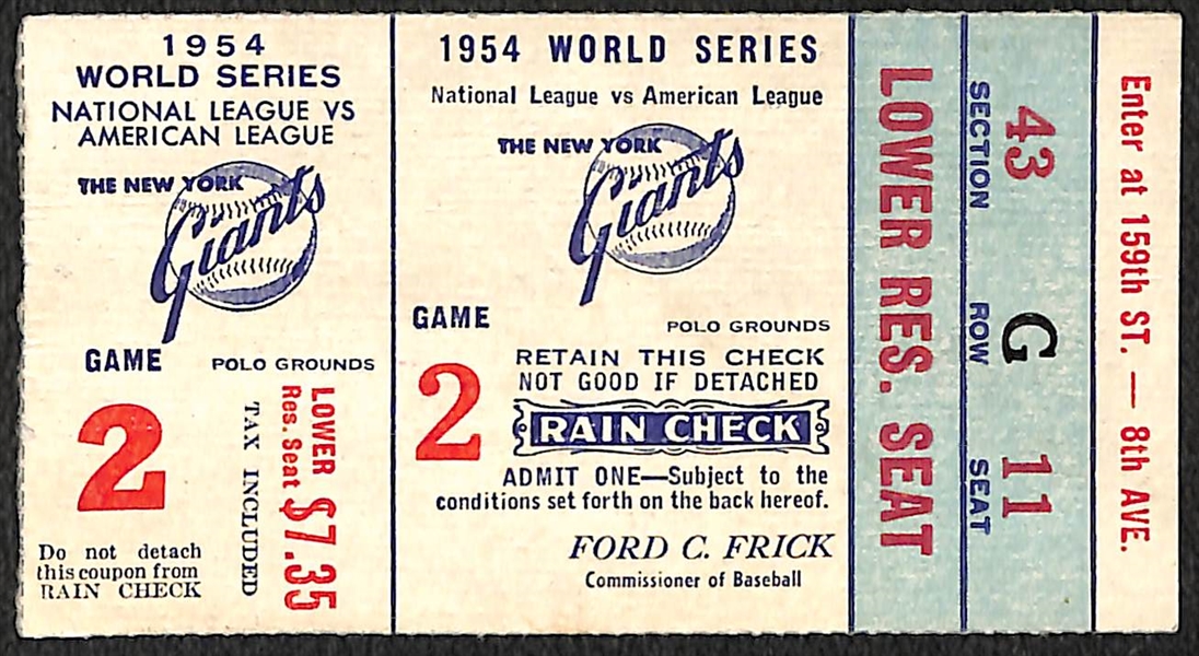  1954 World Series Baseball Ticket Game #2