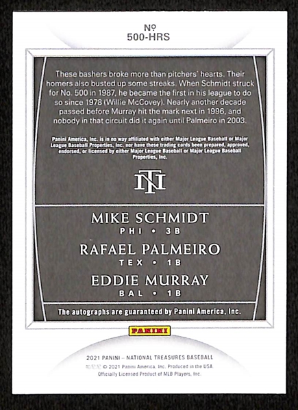 2021 National Treasures Triples 3x Autograph Card - Signed by Mike Schmidt, Eddie Murray, Rafael Palmeiro #ed 1/3