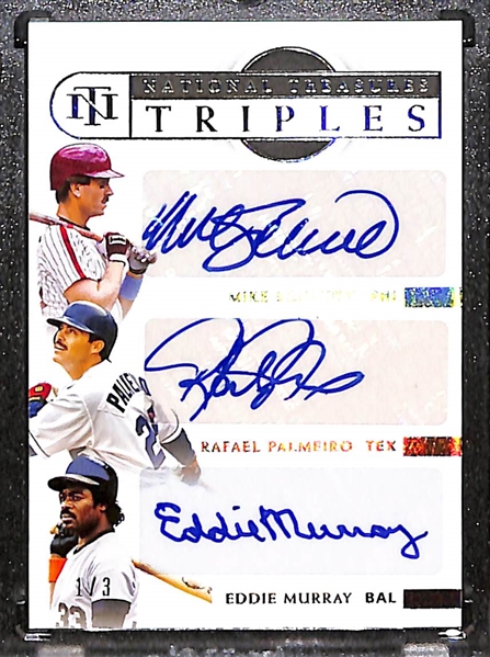 2021 National Treasures Triples 3x Autograph Card - Signed by Mike Schmidt, Eddie Murray, Rafael Palmeiro #ed 1/3