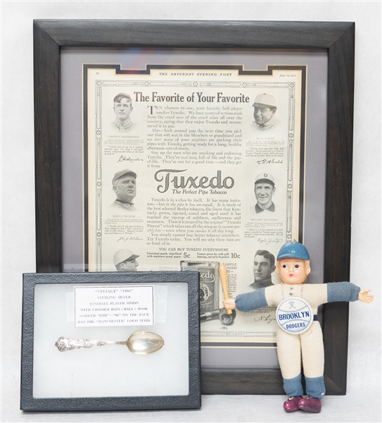 Lot of - Early 1900s Baseball Silver Spoon, 1913 Tobacco Ad, & 1950s Brooklyn Dodgers Celluloid Doll & Pin