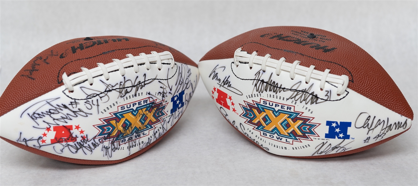 Lot of (2) Super Bowl XXX Autographed Footballs w. (25+) Signatures Including Gale Sayers, Roger Staubach (JSA Auction Letter)