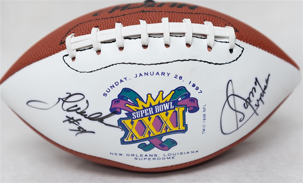 Lot of (2) Super Bowl XXXI Autographed Footballs w. (25+) Signatures Inc. Joe Theismann, Moon, R. Cunningham (JSA Auction Letter)
