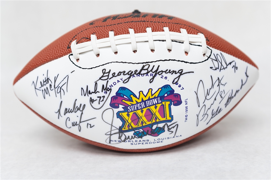 Lot of (2) Super Bowl XXXI Autographed Footballs w. (25+) Signatures Inc. Joe Theismann, Moon, R. Cunningham (JSA Auction Letter)