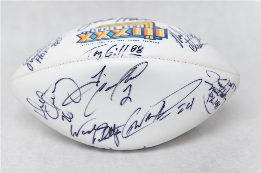 Lot of (2) Autographed Super Bowl 33 Footballs w. Over 25 Signatures Inc. Strahan, Munoz, Esiason, Simms, Landry, and Others (JSA Auction Letter)