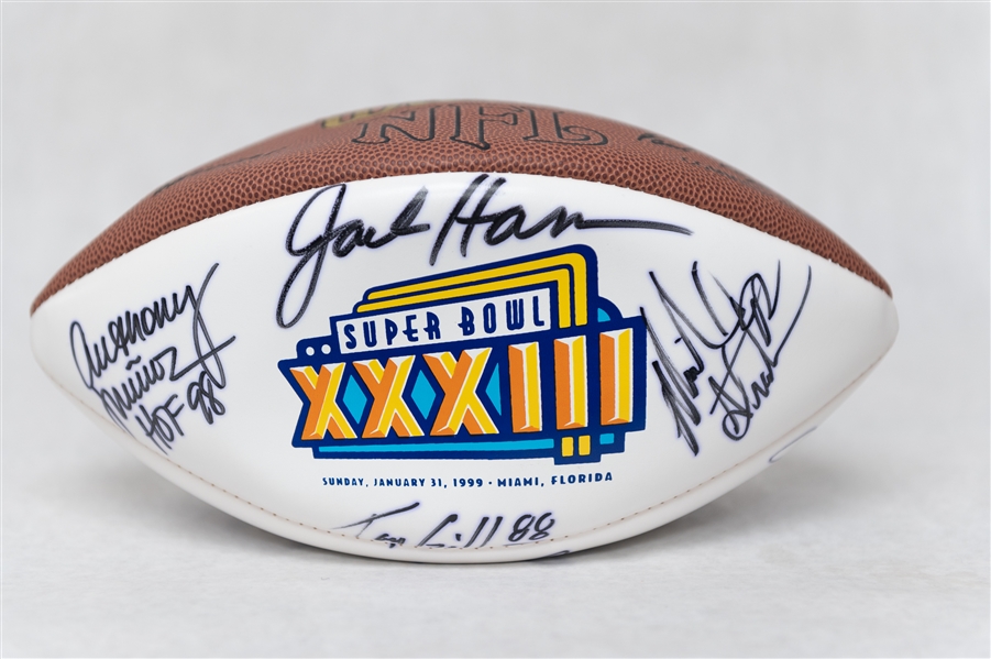 Lot of (2) Autographed Super Bowl 33 Footballs w. Over 25 Signatures Inc. Strahan, Munoz, Esiason, Simms, Landry, and Others (JSA Auction Letter)