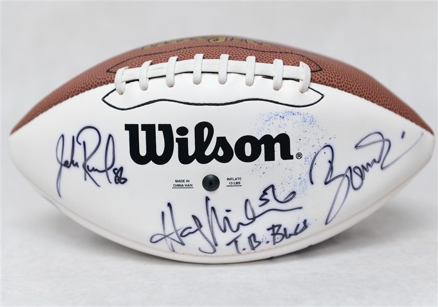 Lot of (2) Autographed Super Bowl 33 Footballs w. Over 25 Signatures Inc. Strahan, Munoz, Esiason, Simms, Landry, and Others (JSA Auction Letter)