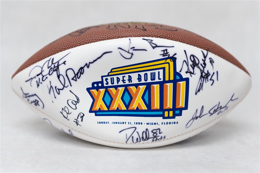 Lot of (2) Autographed Super Bowl 33 Footballs w. Over 25 Signatures Inc. Strahan, Munoz, Esiason, Simms, Landry, and Others (JSA Auction Letter)