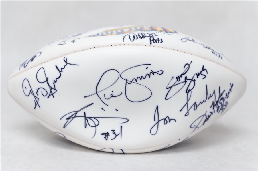 Lot of (2) Autographed Super Bowl 33 Footballs w. Over 25 Signatures Inc. Strahan, Munoz, Esiason, Simms, Landry, and Others (JSA Auction Letter)