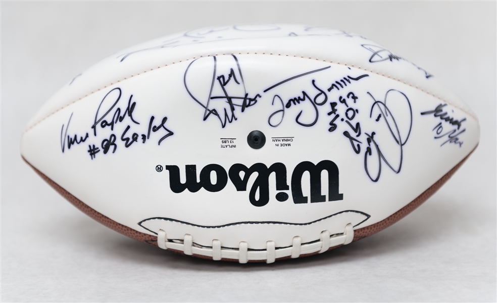 Lot of (2) Autographed Super Bowl 33 Footballs w. Over 25 Signatures Inc. Strahan, Munoz, Esiason, Simms, Landry, and Others (JSA Auction Letter)