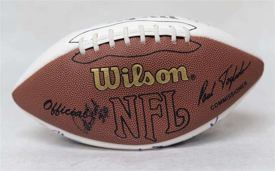 Lot of (2) Autographed Super Bowl 33 Footballs w. Over 25 Signatures Inc. Strahan, Munoz, Esiason, Simms, Landry, and Others (JSA Auction Letter)