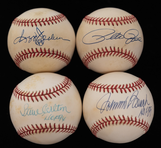 Lot of (4) Mostly HOF Autographed Baseballs w. Bench, R. Jackson, Carlton, and Rose (JSA Auction Letter)