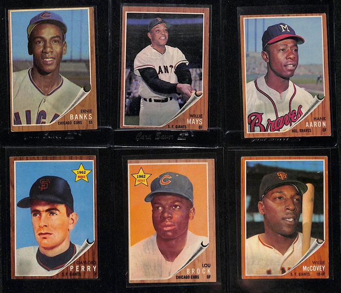 Lot of (6) 1962 Topps Baseball Stars w. Banks, Mays, Aaron, Brock and Others