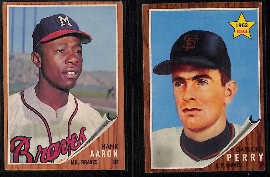 Lot of (6) 1962 Topps Baseball Stars w. Banks, Mays, Aaron, Brock and Others