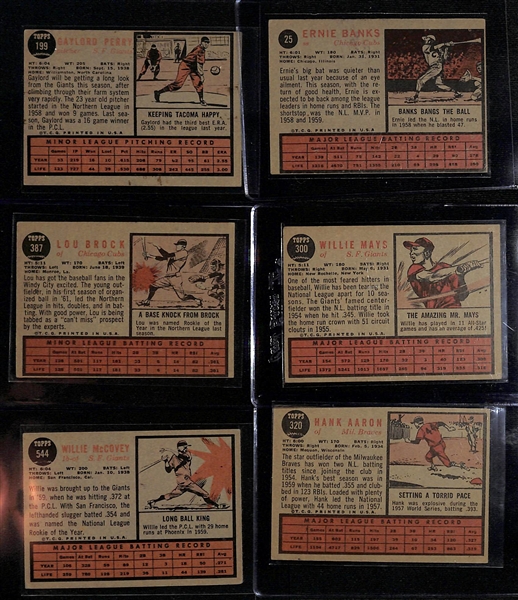 Lot of (6) 1962 Topps Baseball Stars w. Banks, Mays, Aaron, Brock and Others