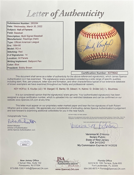 Baseball Legends Signed Baseball - 14 Autographs w. Koufax (signed twice), Gibson, Banks, Snider (signed twice), + More!  - Full JSA Letter